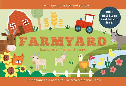 Cover of Farmyard Explorers Find and Seek preschool flap book showing a cow, goats, tractor, ducklings, and sunflowers.