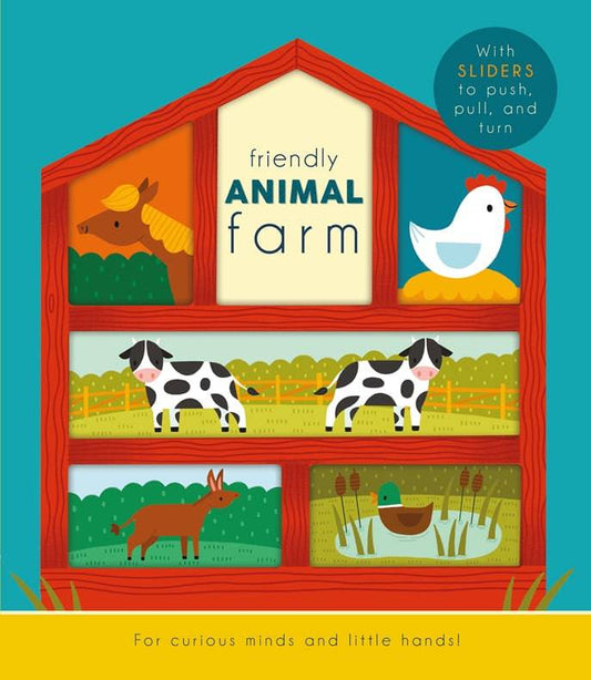Cover of Friendly Animal Farm book with barn-shaped frame and illustrated farm animals: horse, chicken, cows, fox, duck