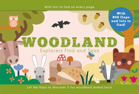 Cover of “Woodland Explorers Find and Seek” preschool book featuring illustrated woodland animals (deer, rabbit, fox, owl, hedgehog) and labeled forest items with big flaps against a green background.