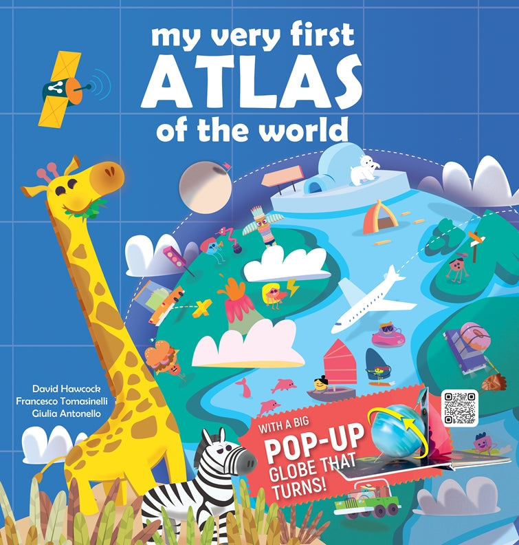 Cover of “My Very First Atlas of the World” board book showing a giraffe and zebra beside a colorful spinning pop-up globe and map icons.