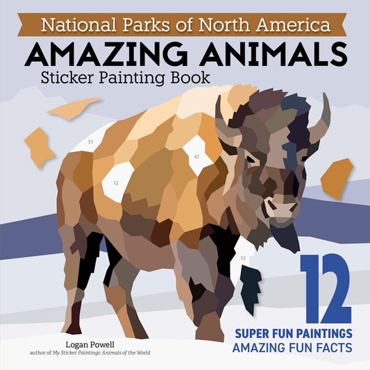 Cover of “National Parks of North America Amazing Animals Sticker Painting Book” showing a mosaic bison and park map icons.