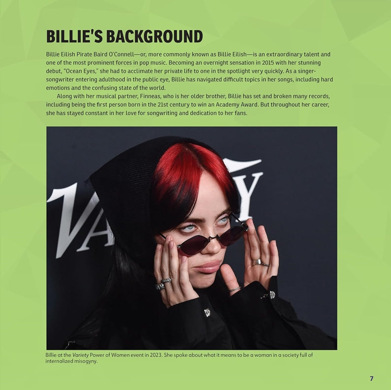 Photo of Billie Eilish at a Variety event paired with text outlining her rise to fame, academy award win, and songwriting journey.