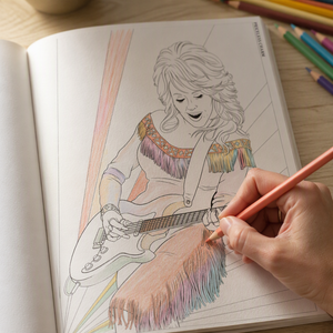 A hand coloring a page in the Dolly coloring book