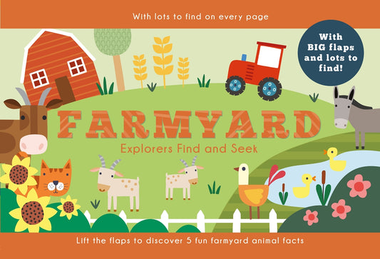 Cover of Farmyard Explorers Find and Seek preschool flap book showing a cow, goats, tractor, ducklings, and sunflowers.