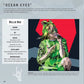 Stylized mosaic portrait of Billie Eilish performing “Ocean Eyes” beside a brief bio with genre, release dates, and accolades.