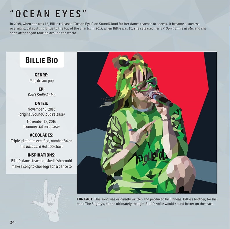 Stylized mosaic portrait of Billie Eilish performing “Ocean Eyes” beside a brief bio with genre, release dates, and accolades.