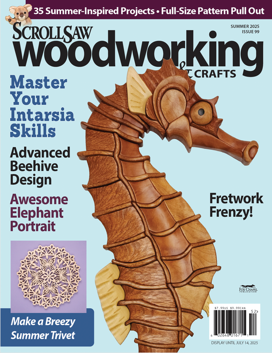 Cover of Scroll Saw Woodworking & Crafts Summer 2025 Issue 99 magazine showing a carved seahorse and headlines on intarsia, fretwork, and trivet.