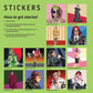 Twelve numbered Billie Eilish sticker mosaic thumbnails showing themes like “James Bond,” “Academy Awards,” and “On Tour” with start instructions.