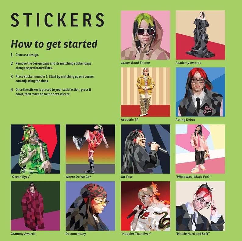Twelve numbered Billie Eilish sticker mosaic thumbnails showing themes like “James Bond,” “Academy Awards,” and “On Tour” with start instructions.