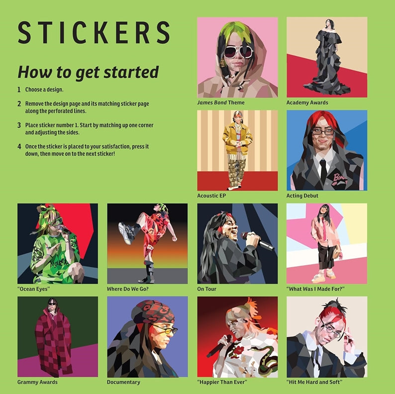 Twelve numbered Billie Eilish sticker mosaic thumbnails showing themes like “James Bond,” “Academy Awards,” and “On Tour” with start instructions.