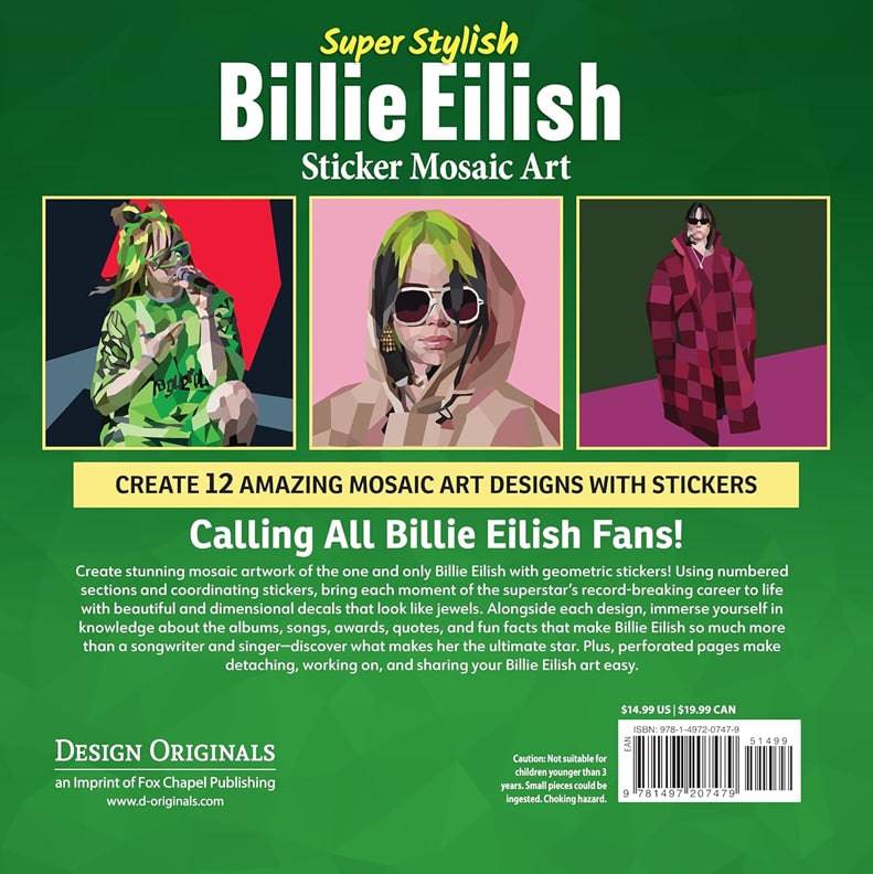 Green back cover featuring the title “Super Stylish Billie Eilish Sticker Mosaic Art,” sample mosaics, and a call-out “Calling All Billie Eilish Fans!”