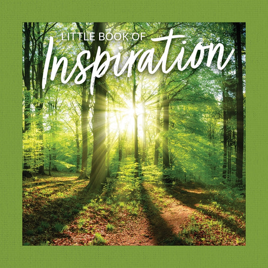 Cover of “Little Book of Inspiration” featuring a sunlit forest scene with rays streaming through tall trees.
