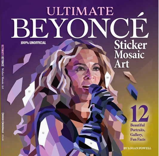 Cover of “Ultimate Beyoncé Sticker Mosaic Art” book showing a geometric mosaic portrait of Beyoncé singing.