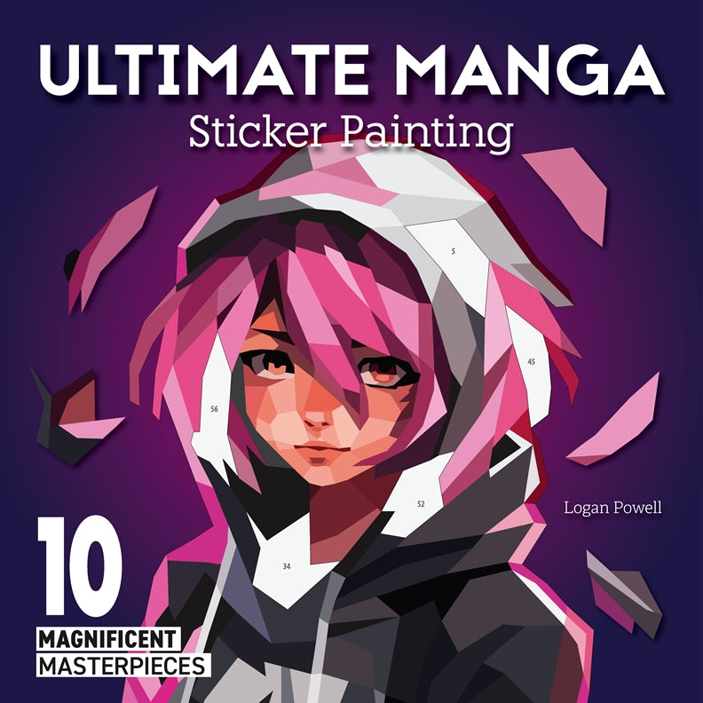 Cover of “Ultimate Manga Sticker Painting” book showing a pink-haired manga character in a hood, labeled sections for sticker application.