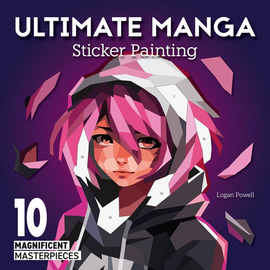 Cover of “Ultimate Manga Sticker Painting” book showing a pink-haired manga character in a hood, labeled sections for sticker application.